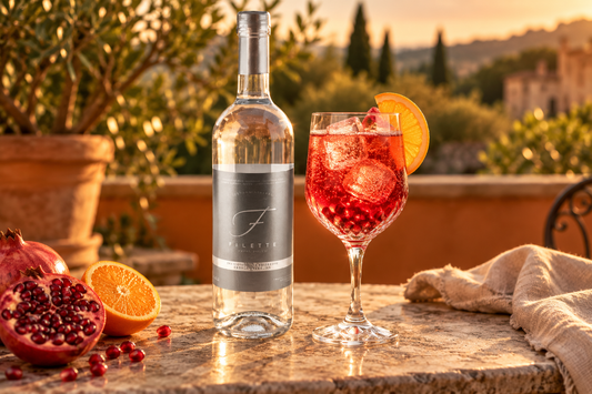 Pomegranate-orange mocktail in a stemmed glass beside the Acqua Filette Carbonated bottle.
