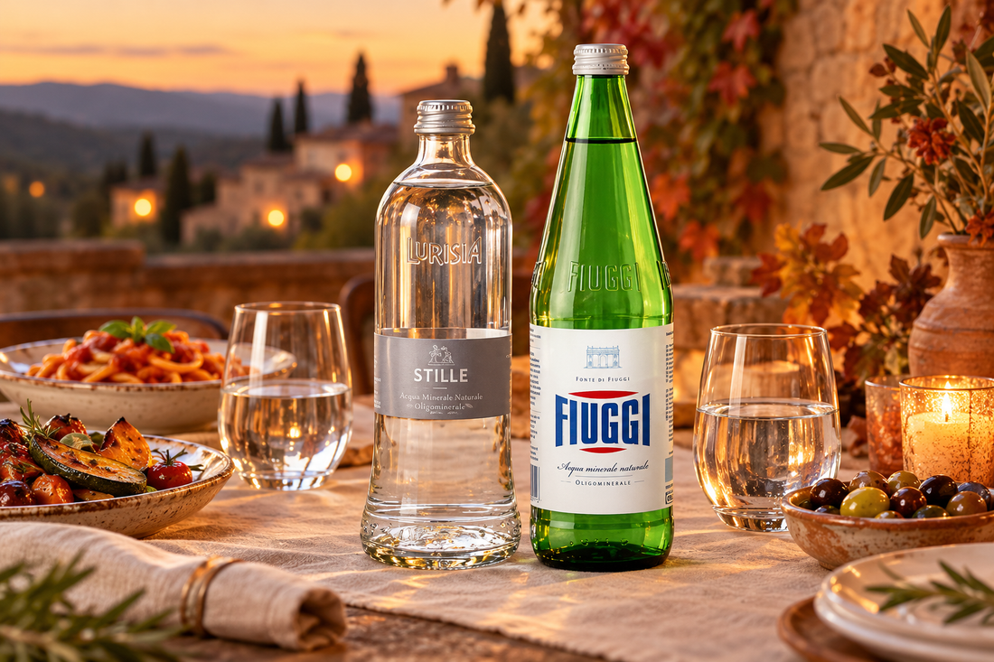 Lurisia Stille and Fiuggi Spring bottles with still water glasses on an autumn Italian dinner table.