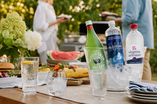 Mountain Valley, Clear Alaskan Glacial and Virginia Artesian bottles in an ice bucket at a cookout.