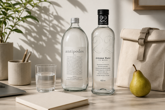 Antipodes Still and 22 Artesian water bottles on a morning desk.