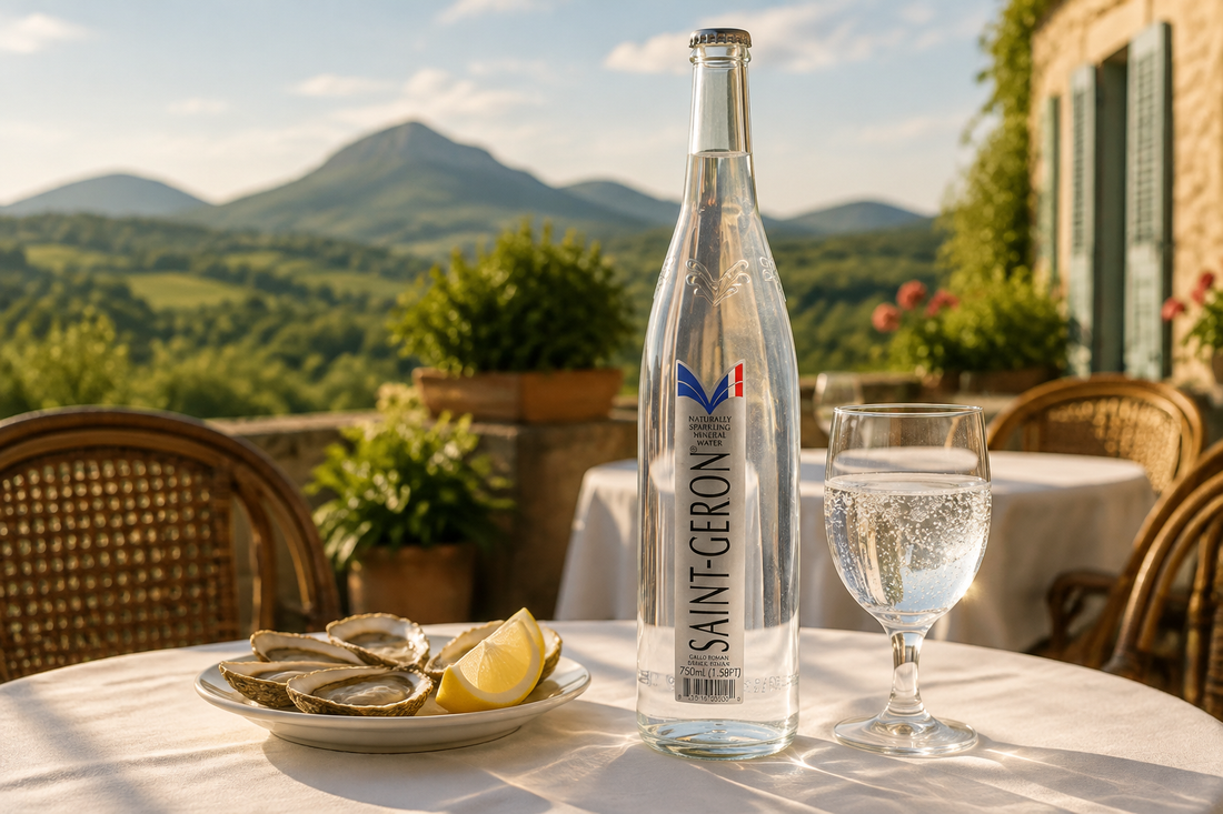 Saint-Géron sparkling mineral water with oysters on a French-inspired terrace.