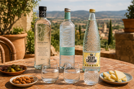 22 Artesian, Sant Aniol and Vichy Catalan bottles with a Spanish water tasting and tapas.