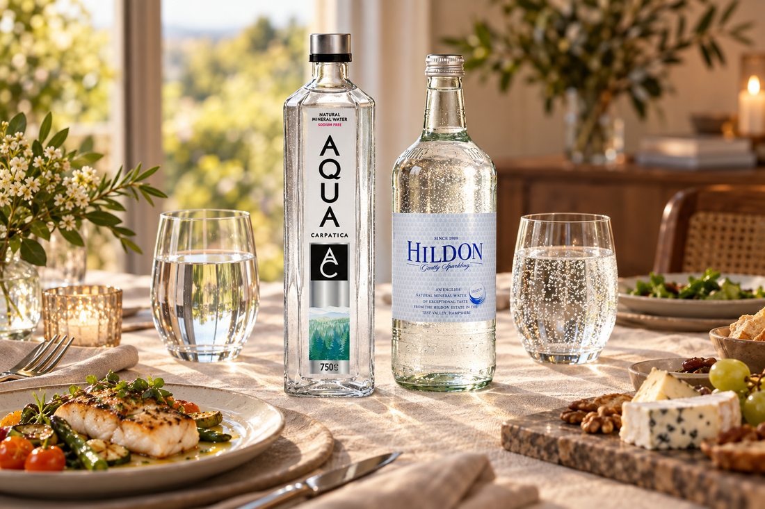 AQUA Carpatica Spring and Hildon Sparkling water bottles on an elegant dinner table.