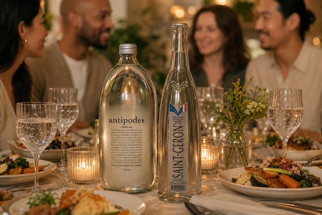 Antipodes Sparkling and Saint-Géron bottles at an alcohol-free dinner party.