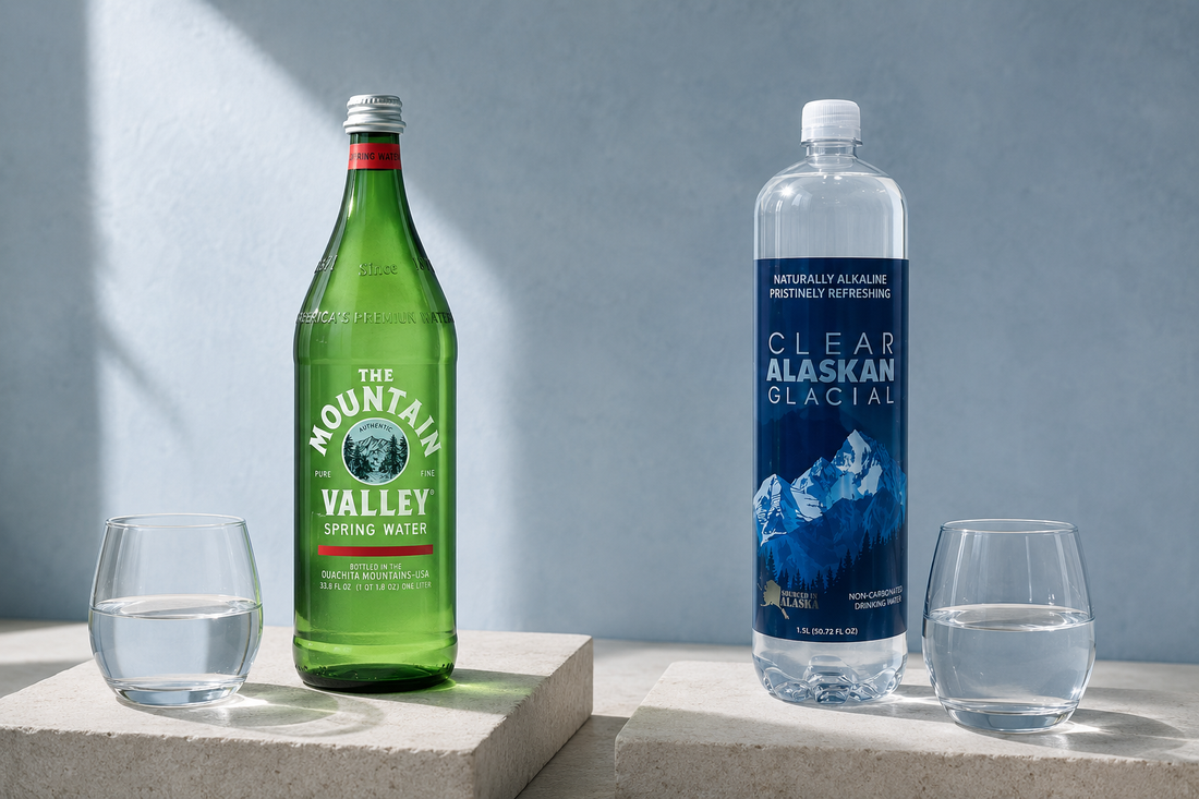 Mountain Valley glass and Clear Alaskan Glacial PET bottles illustrating packaging choices.