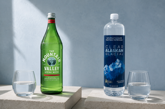 Mountain Valley glass and Clear Alaskan Glacial PET bottles illustrating packaging choices.