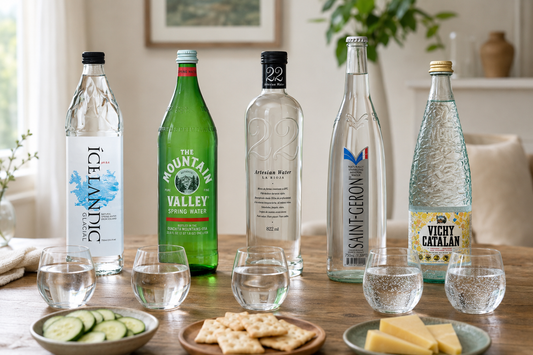A home water tasting with Icelandic Glacial, Mountain Valley, 22 Artesian, Saint-Géron and Vichy Catalan.