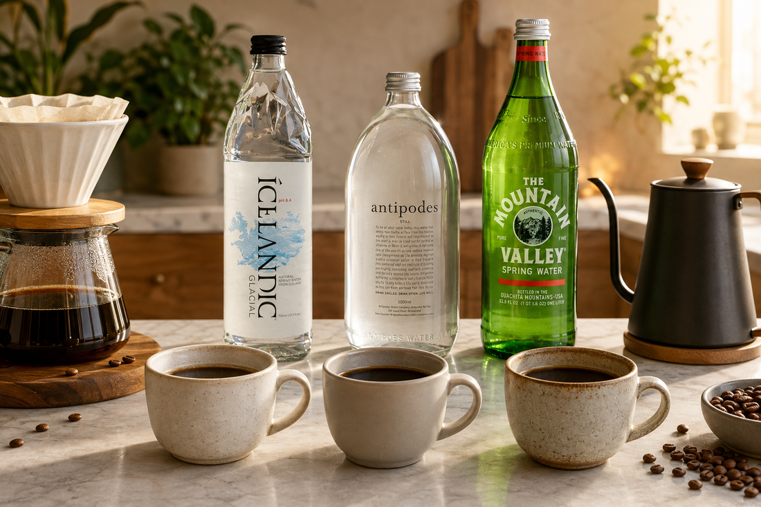 Icelandic Glacial, Antipodes Still and Mountain Valley bottles beside a coffee comparison.