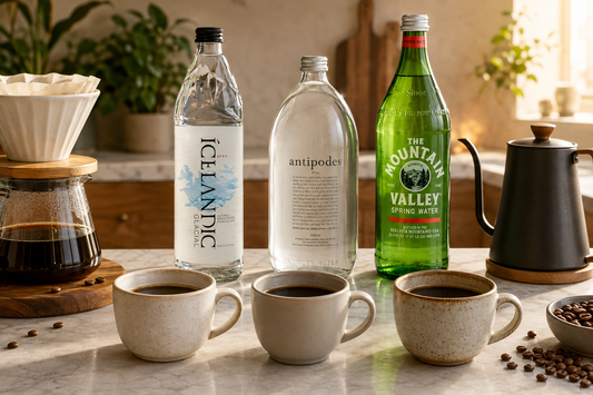 Icelandic Glacial, Antipodes Still and Mountain Valley bottles beside a coffee comparison.