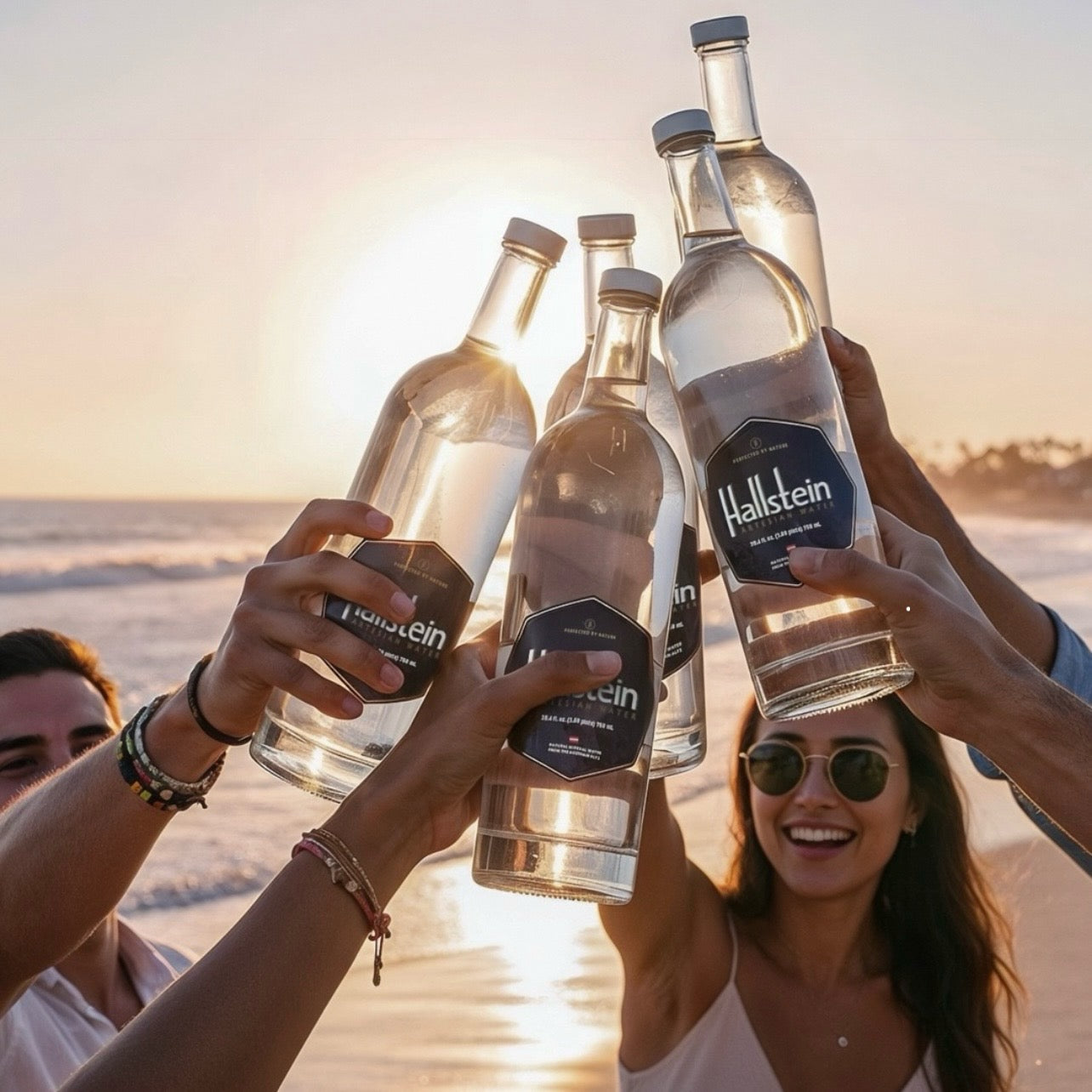 People experiencing Hallstein bottles on a beach at sunset