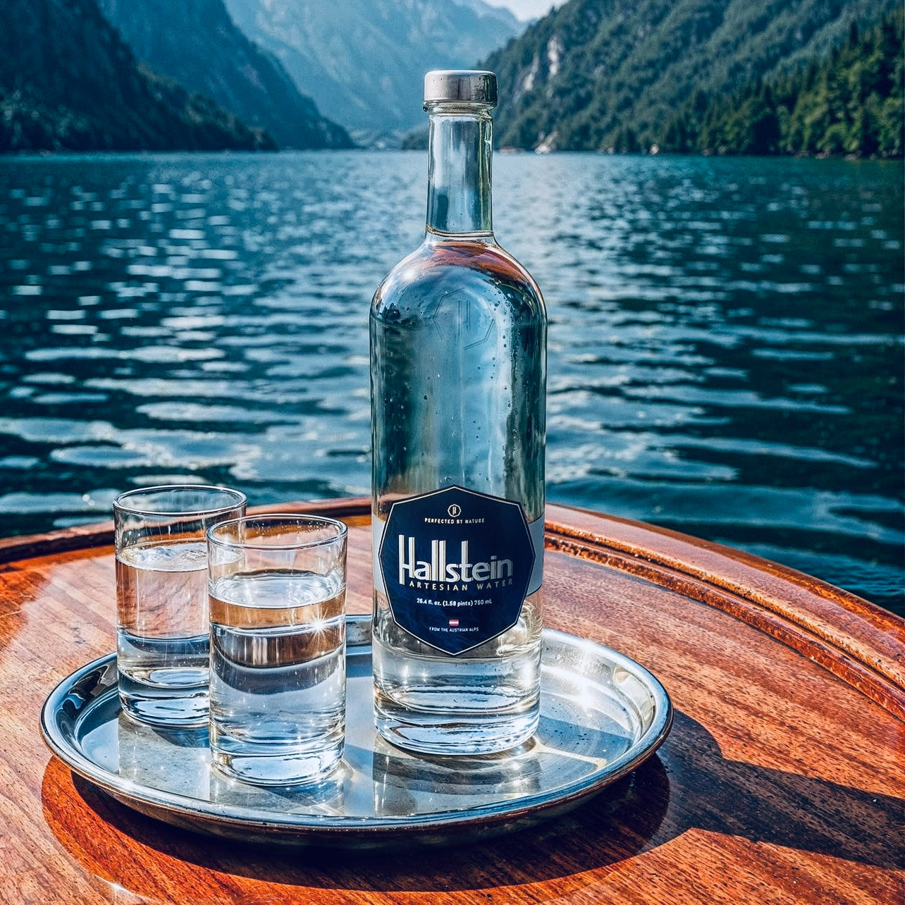 Bottle of Hallstein water out on a lake