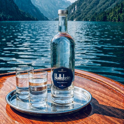 Bottle of Hallstein water out on a lake